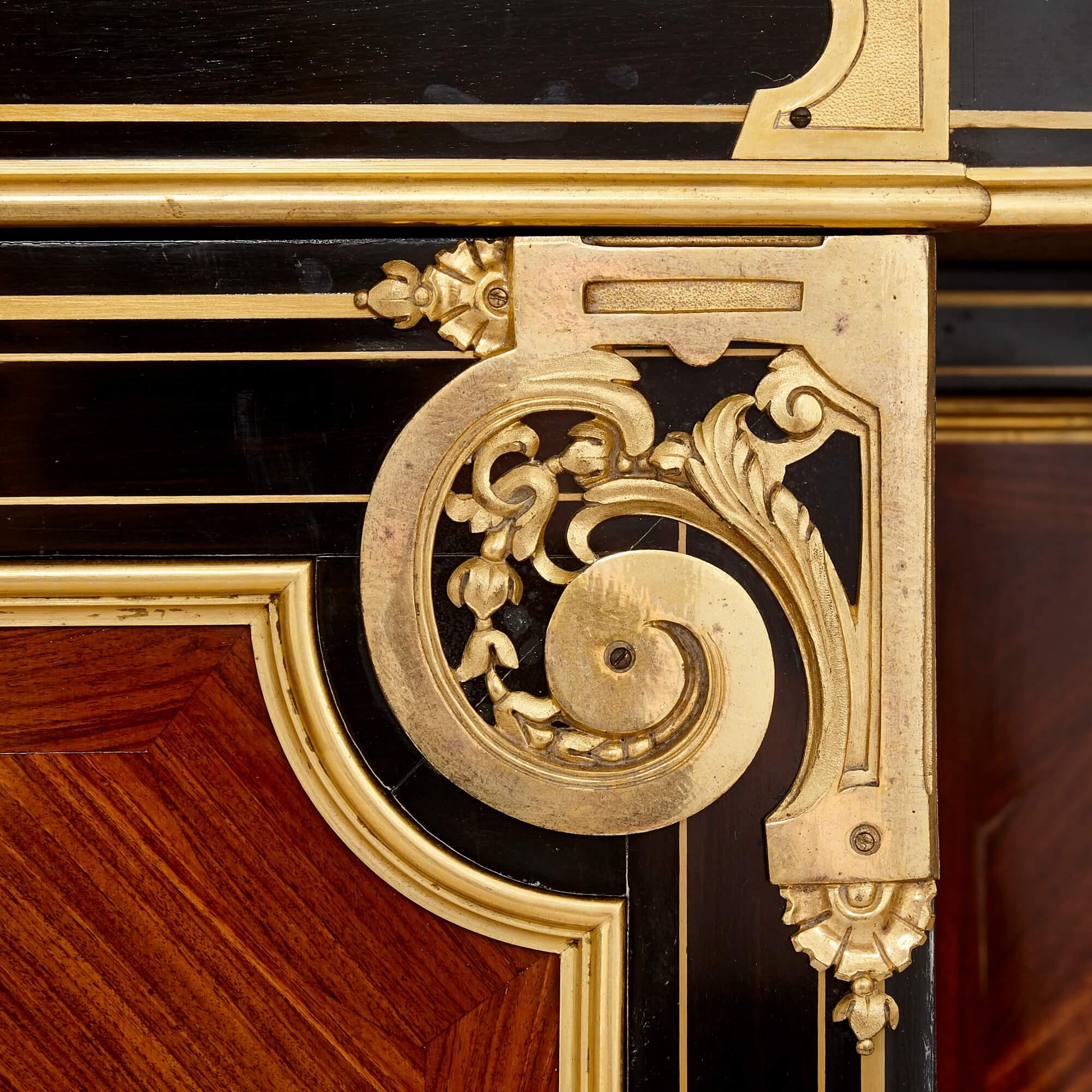 19th Century Antique French Ormolu, Brass and Marquetry Ebonised Wood Sideboard For Sale