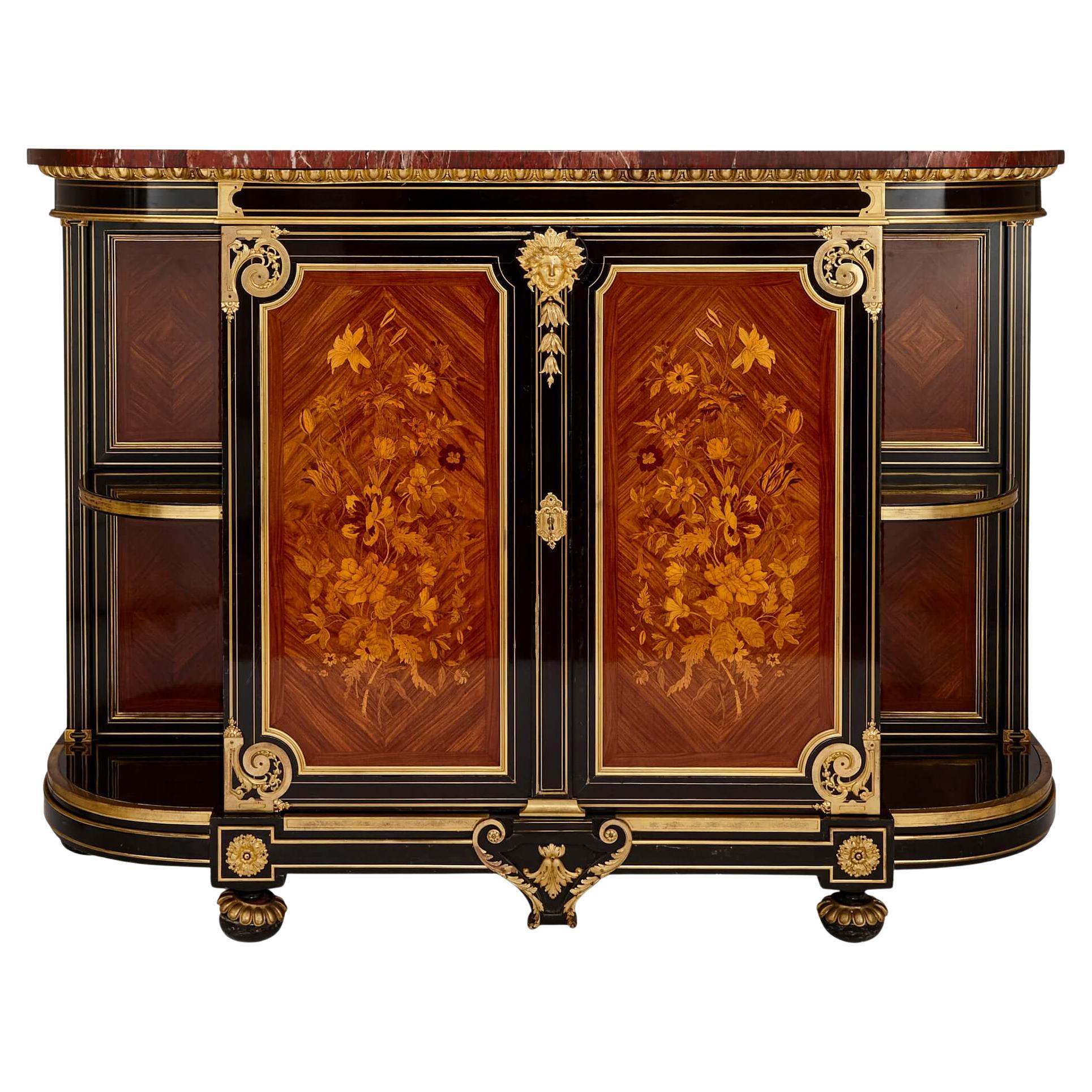Antique French Ormolu, Brass and Marquetry Ebonised Wood Sideboard For Sale