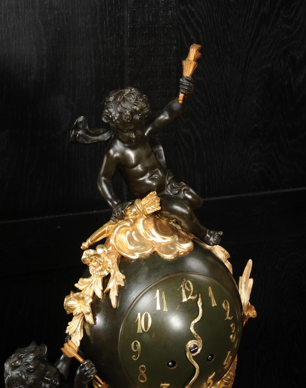 Antique French Ormolu, Bronze and Red Marble Louis XV Clock Set For Sale 3