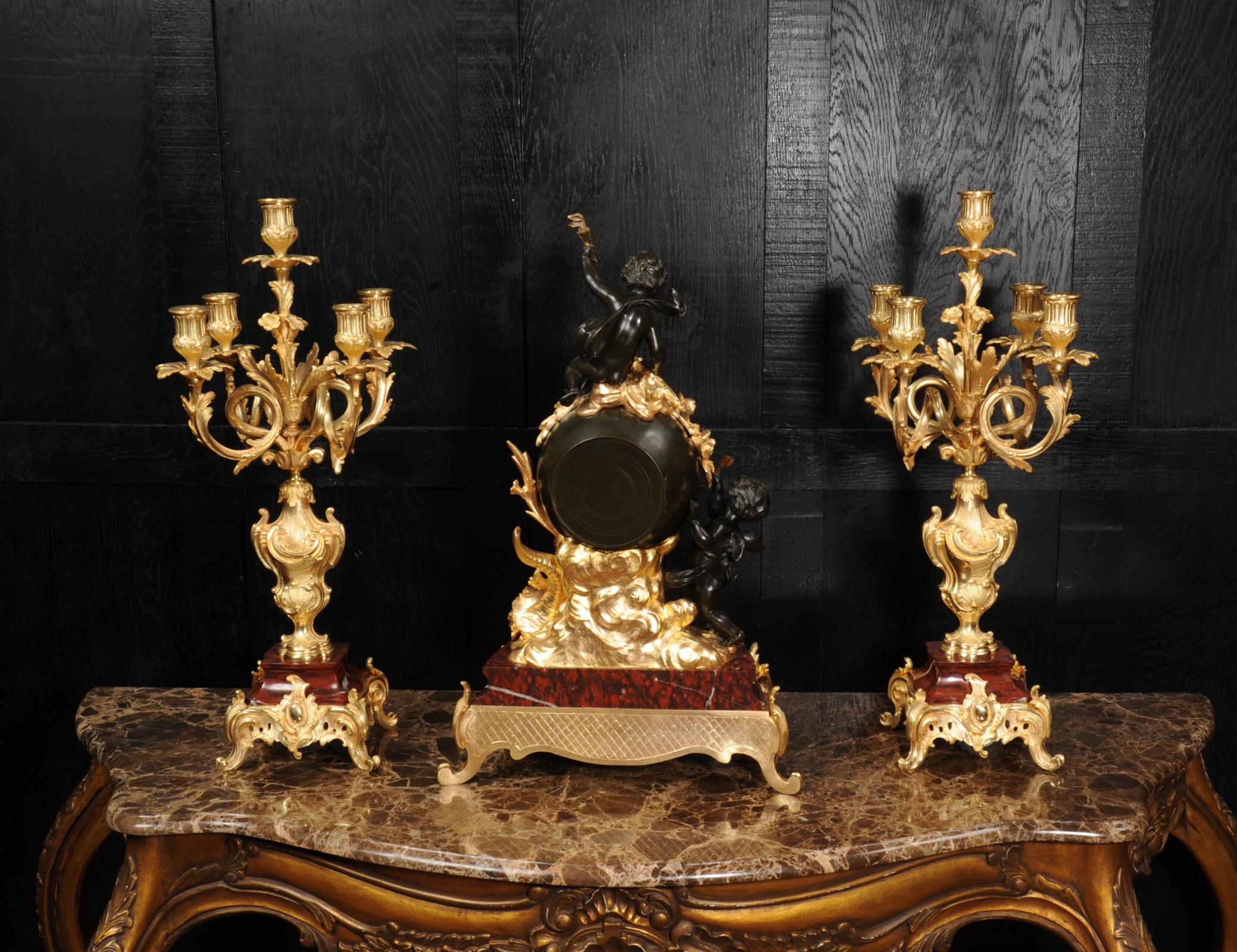 Antique French Ormolu, Bronze and Red Marble Louis XV Clock Set For Sale 4