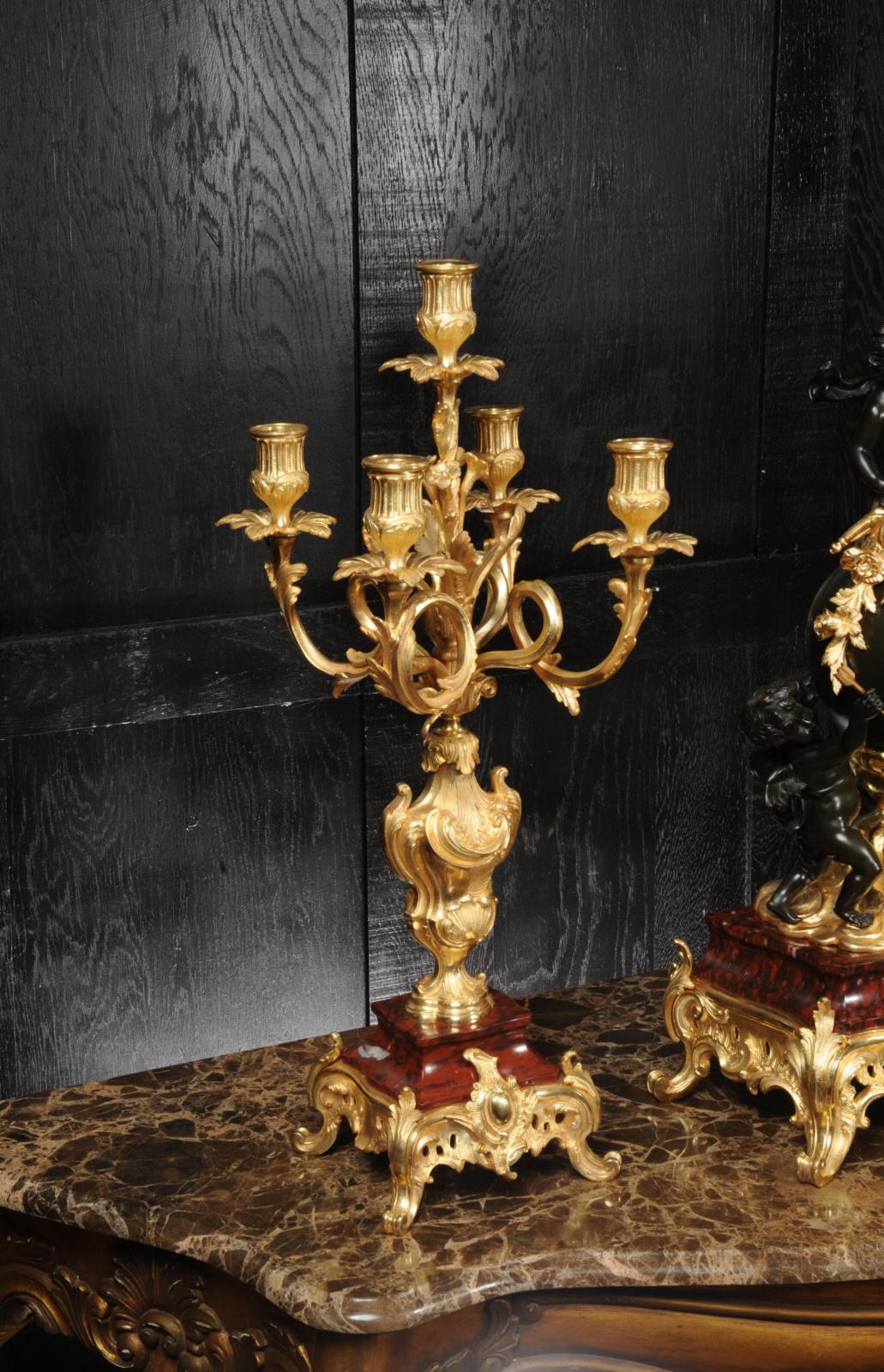 Antique French Ormolu, Bronze and Red Marble Louis XV Clock Set For Sale 8