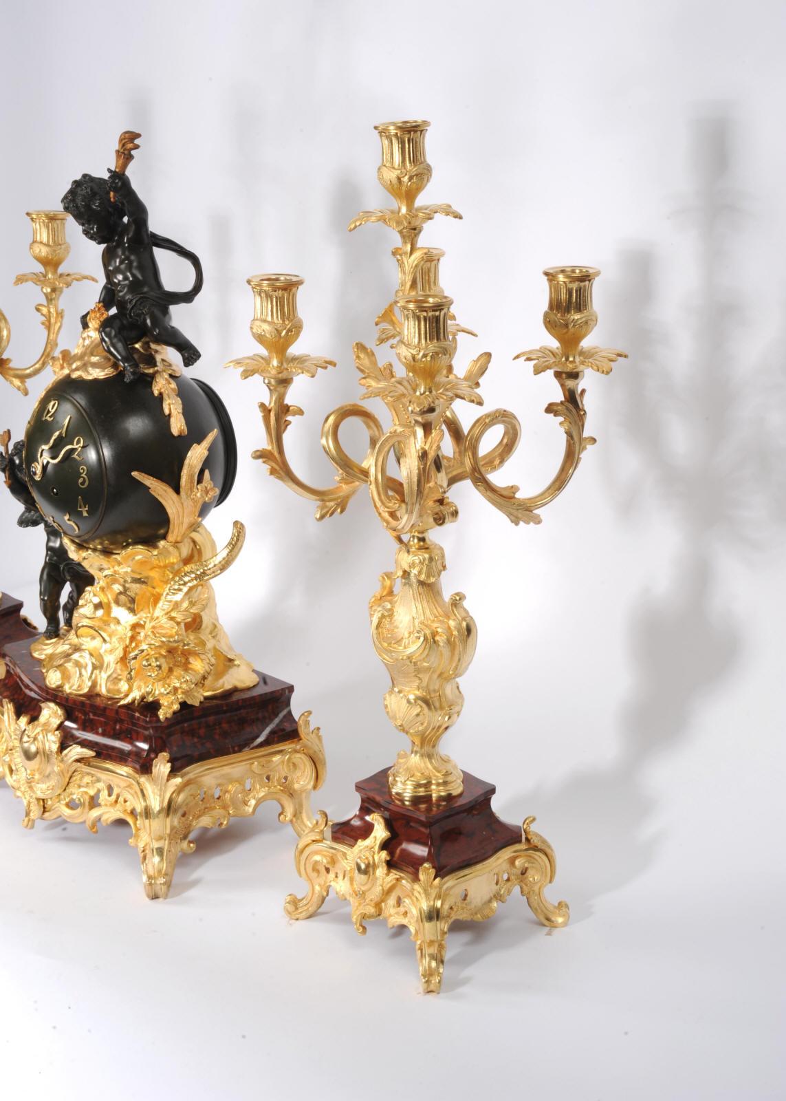 Antique French Ormolu, Bronze and Red Marble Louis XV Clock Set For Sale 10