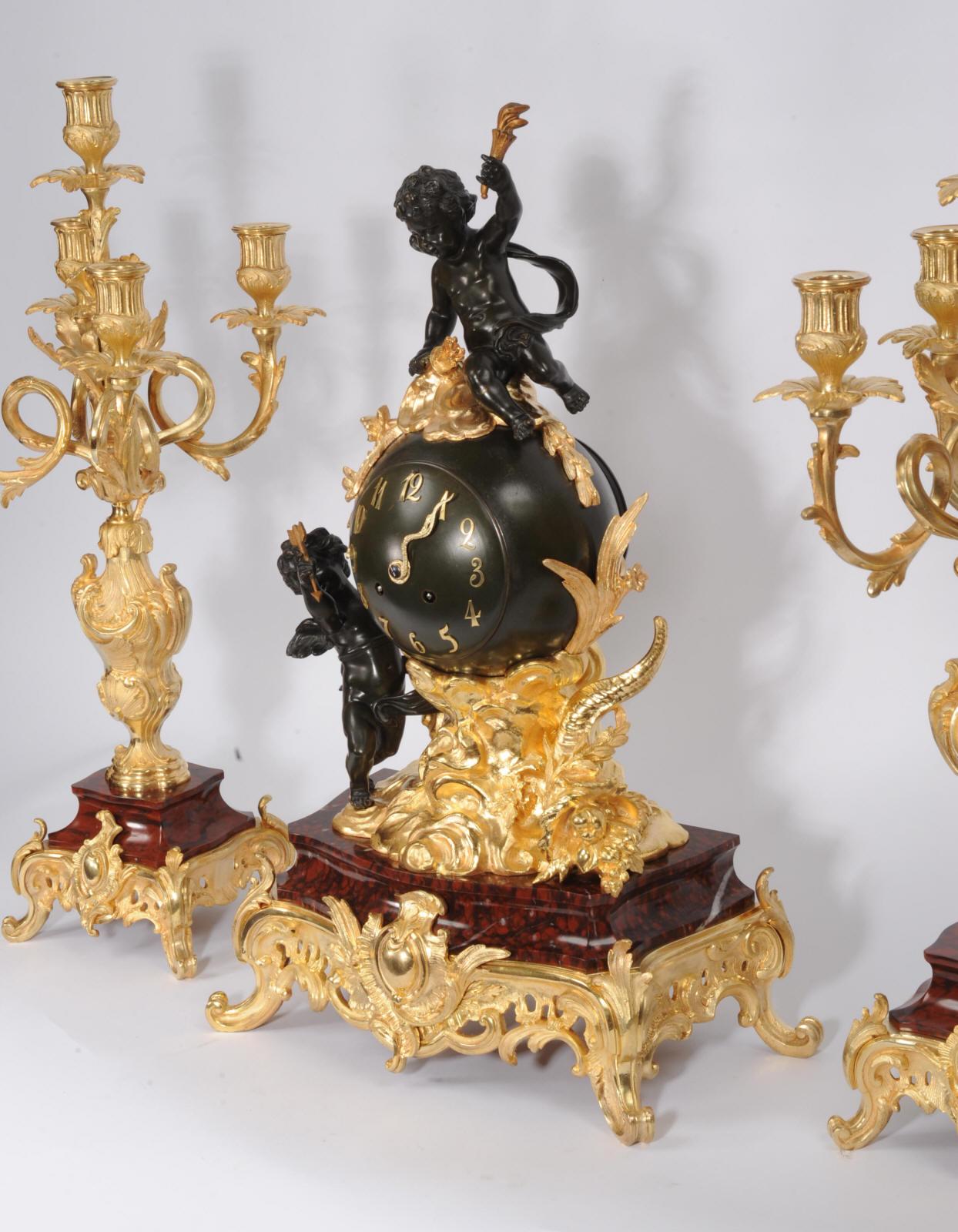 Antique French Ormolu, Bronze and Red Marble Louis XV Clock Set For Sale 11