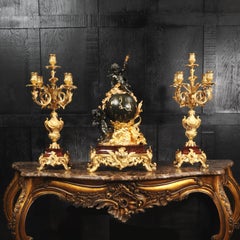 Antique French Ormolu, Bronze and Red Marble Louis XV Clock Set