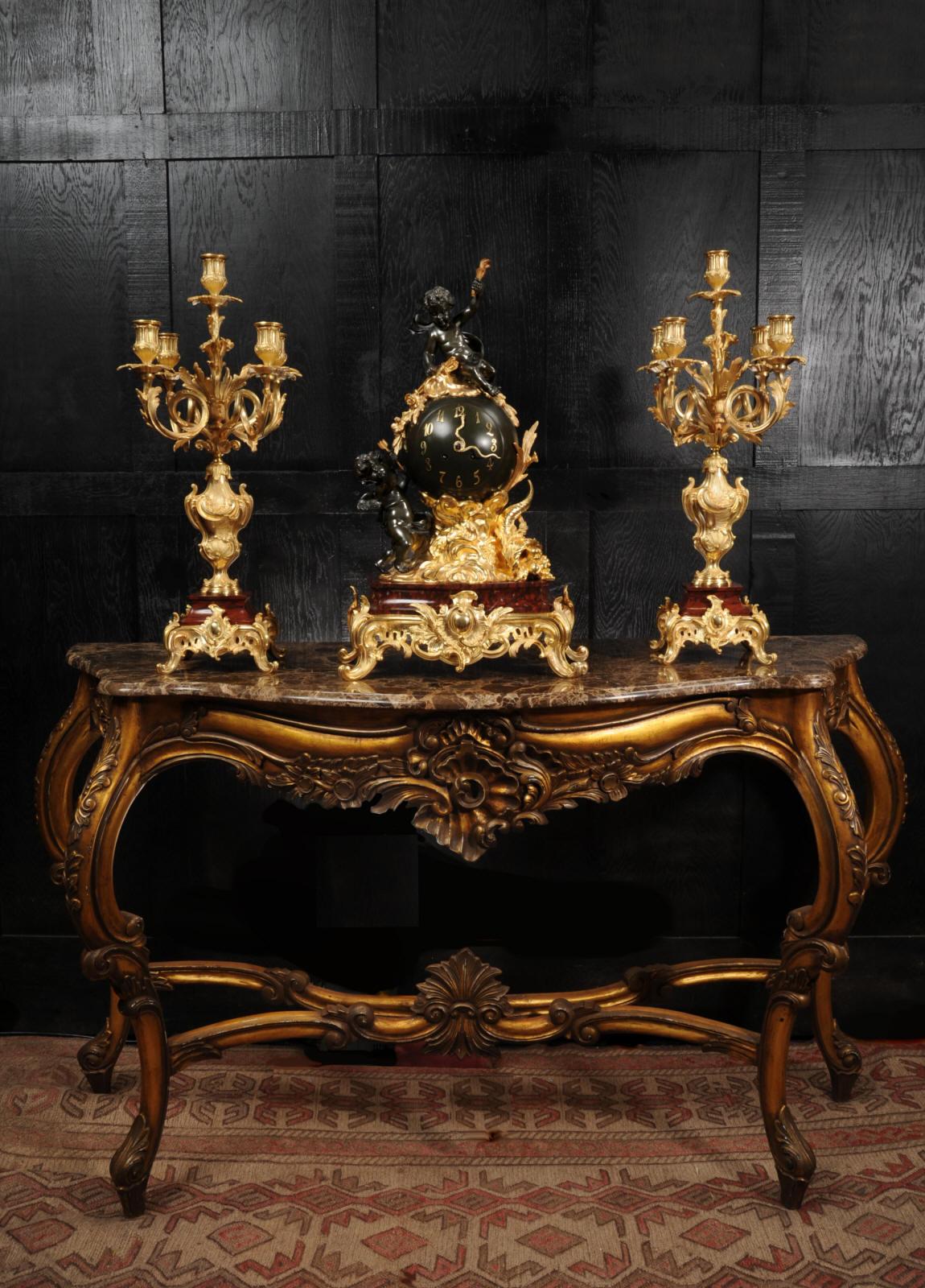 Rococo Antique French Ormolu, Bronze and Red Marble Louis XV Clock Set For Sale