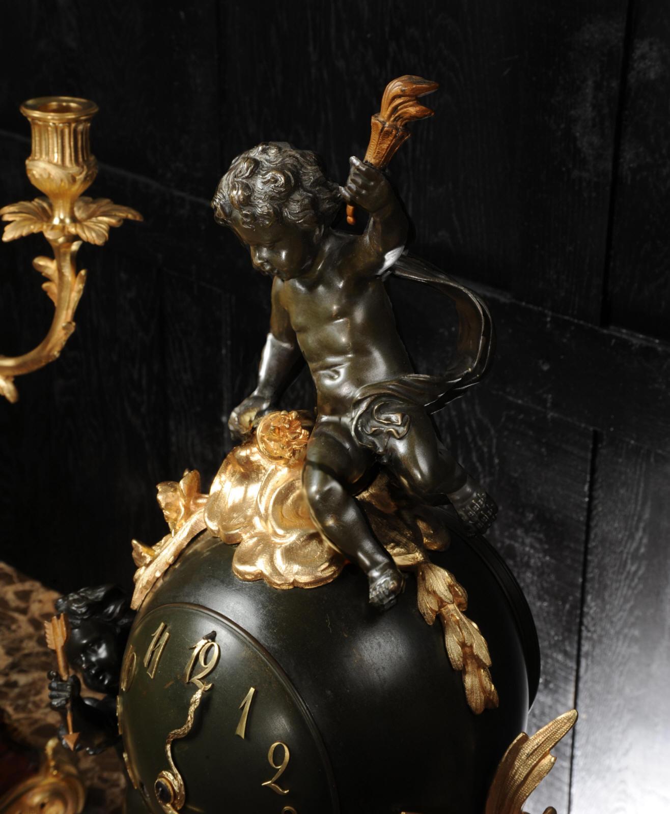 19th Century Antique French Ormolu, Bronze and Red Marble Louis XV Clock Set For Sale