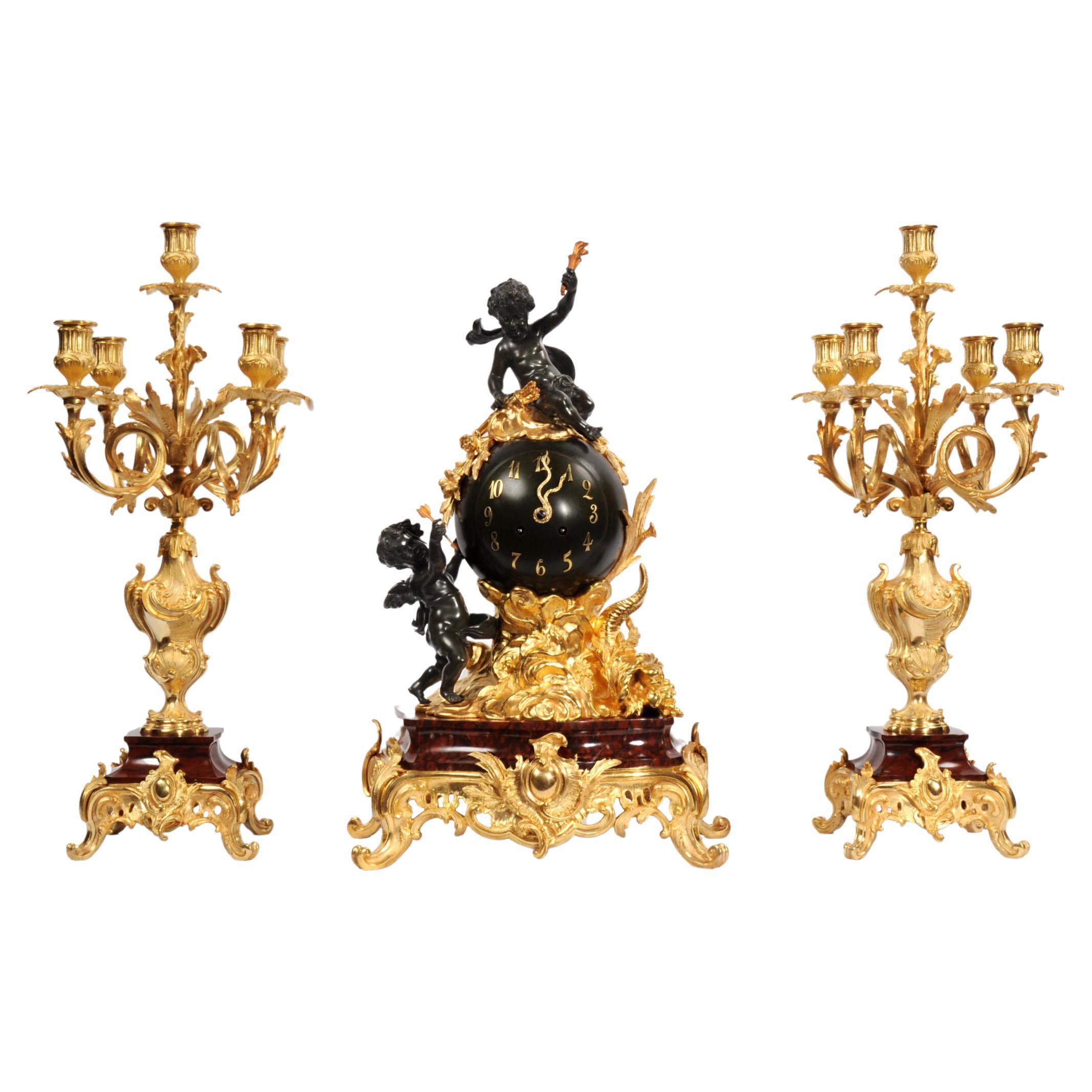 Antique French Ormolu, Bronze and Red Marble Louis XV Clock Set