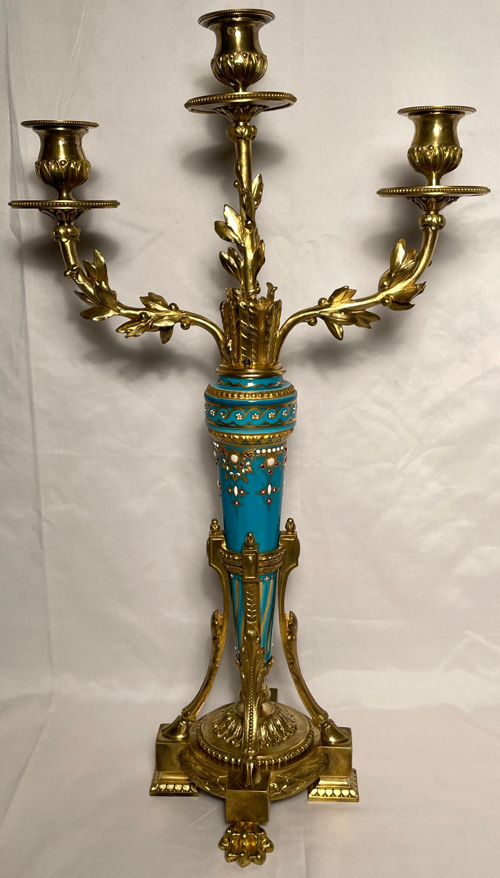 Antique French ormolu bronze candelabra with rare jeweled enamel blue porcelain, circa 1860-1880.