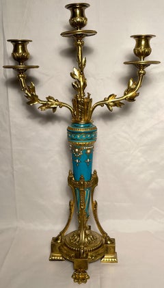 Antique French Ormolu Bronze Candelabra with Jeweled Enamel Porcelain Circa 1870