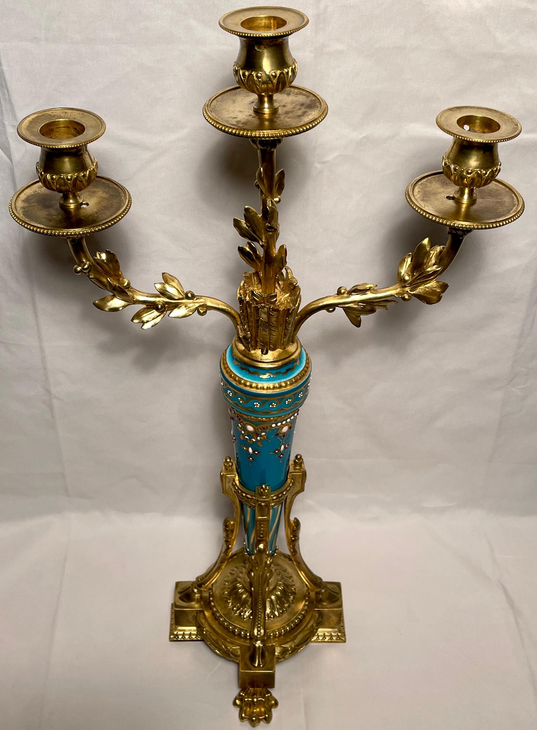 Antique French Ormolu Bronze Candelabra with Jeweled Enamel Porcelain Circa 1870 In Good Condition For Sale In New Orleans, LA