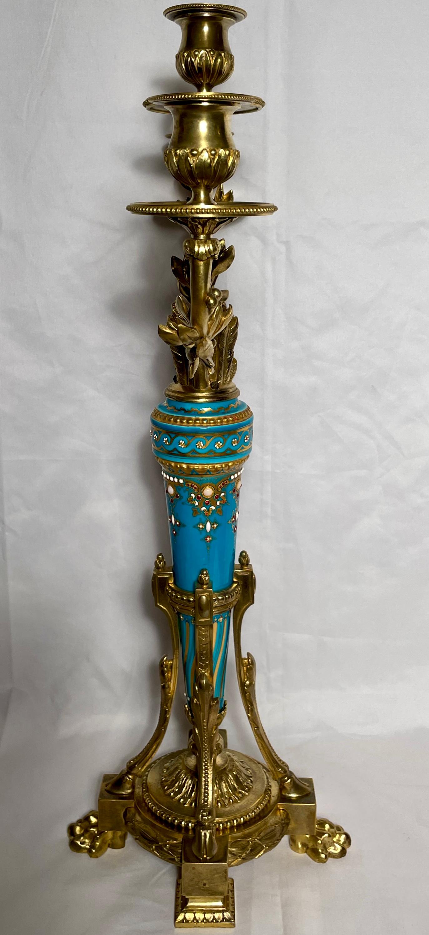 19th Century Antique French Ormolu Bronze Candelabra with Jeweled Enamel Porcelain Circa 1870 For Sale