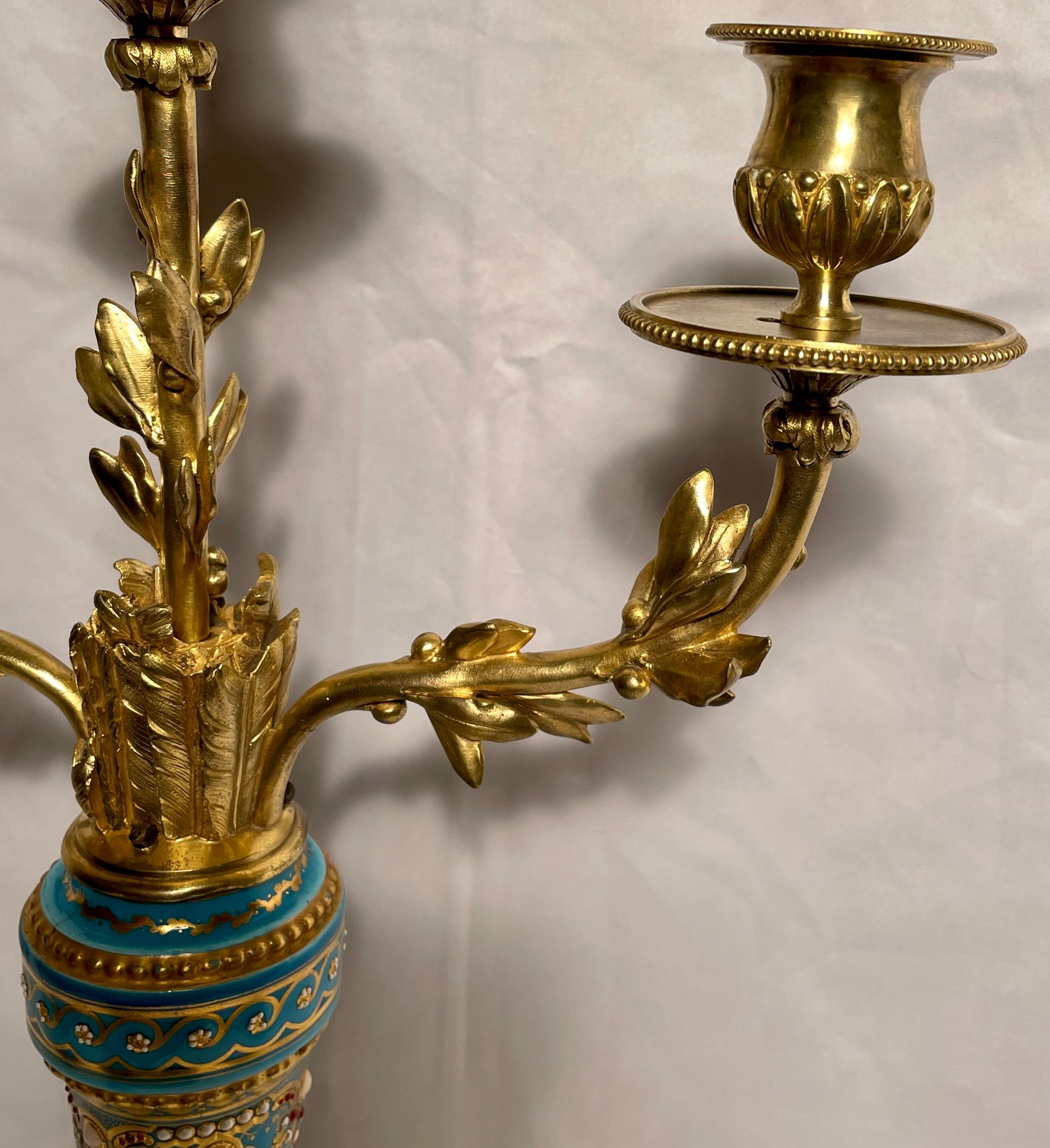 Antique French Ormolu Bronze Candelabra with Jeweled Enamel Porcelain Circa 1870 For Sale 1