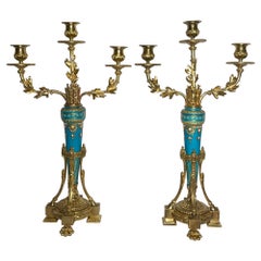 Antique French Ormolu Bronze Candelabra with Jeweled Enamel Porcelain Circa 1870