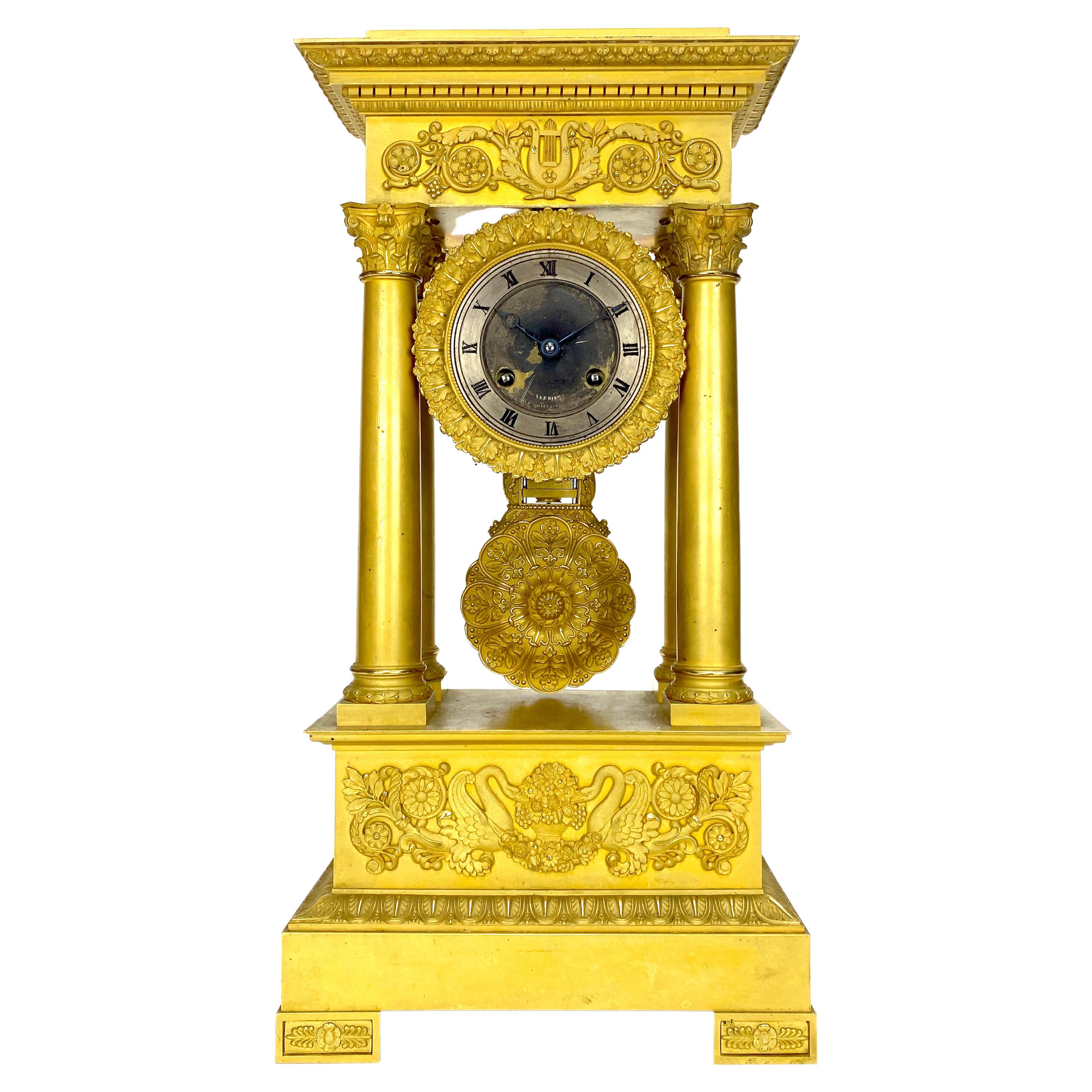 1880 Antique French Ormolu Bronze Case Portico Pillar Mantel Clock w Double Swan

MOVEMENT: 8 day wind up mechanism

FUNCTION: time with half hour and hour striking

SIZE: 19