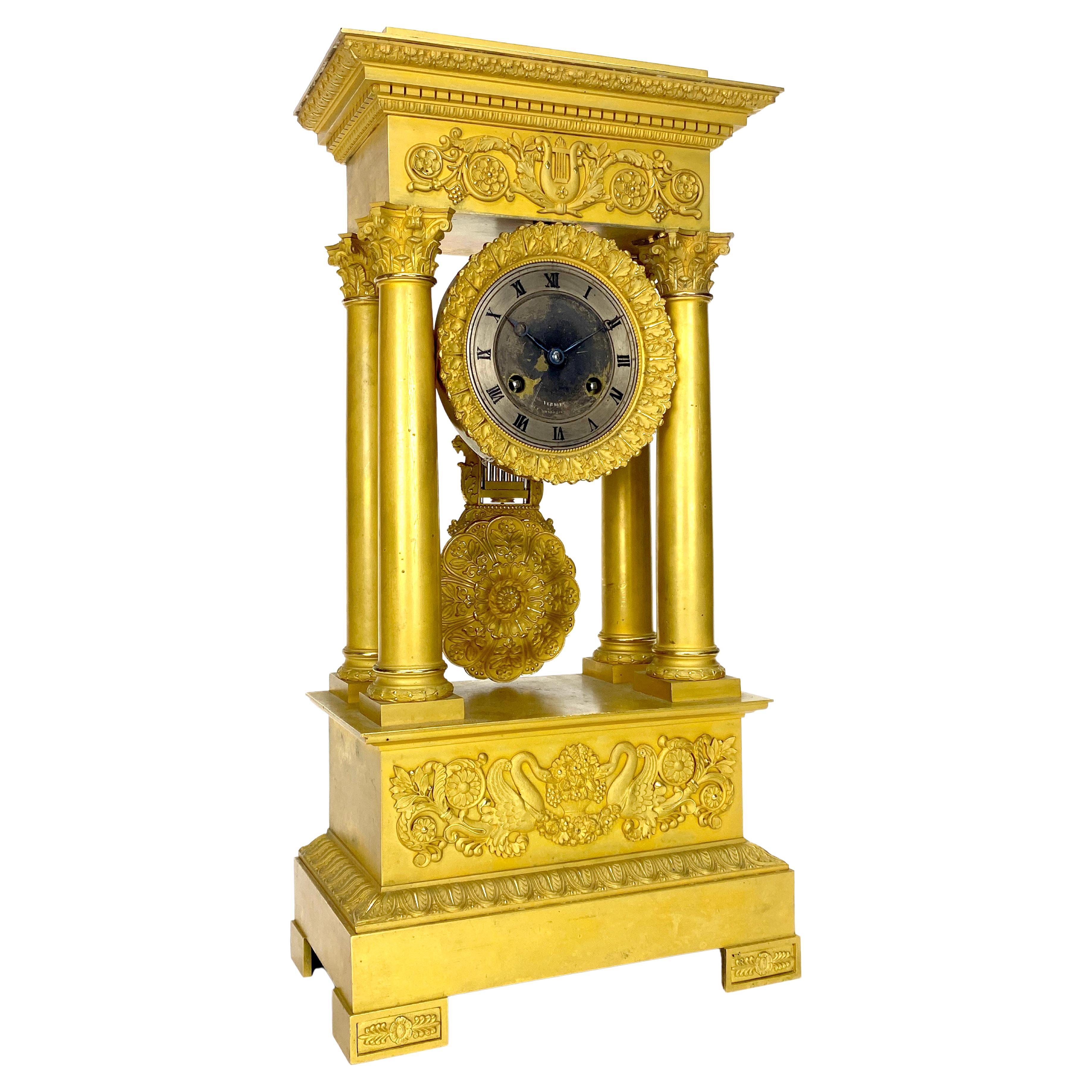 Antique French Ormolu Bronze Case Portico Pillar Mantel Clock with Double Swan
