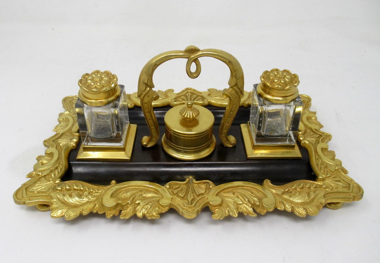 Cast Antique French Ormolu Bronze Desk Set Encrier Inkwell Art Nouveau Grand Tour