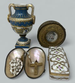 Antique French Ormolu Casket Jewelry Box Sevres Urn Vase Religious Rosary Beads