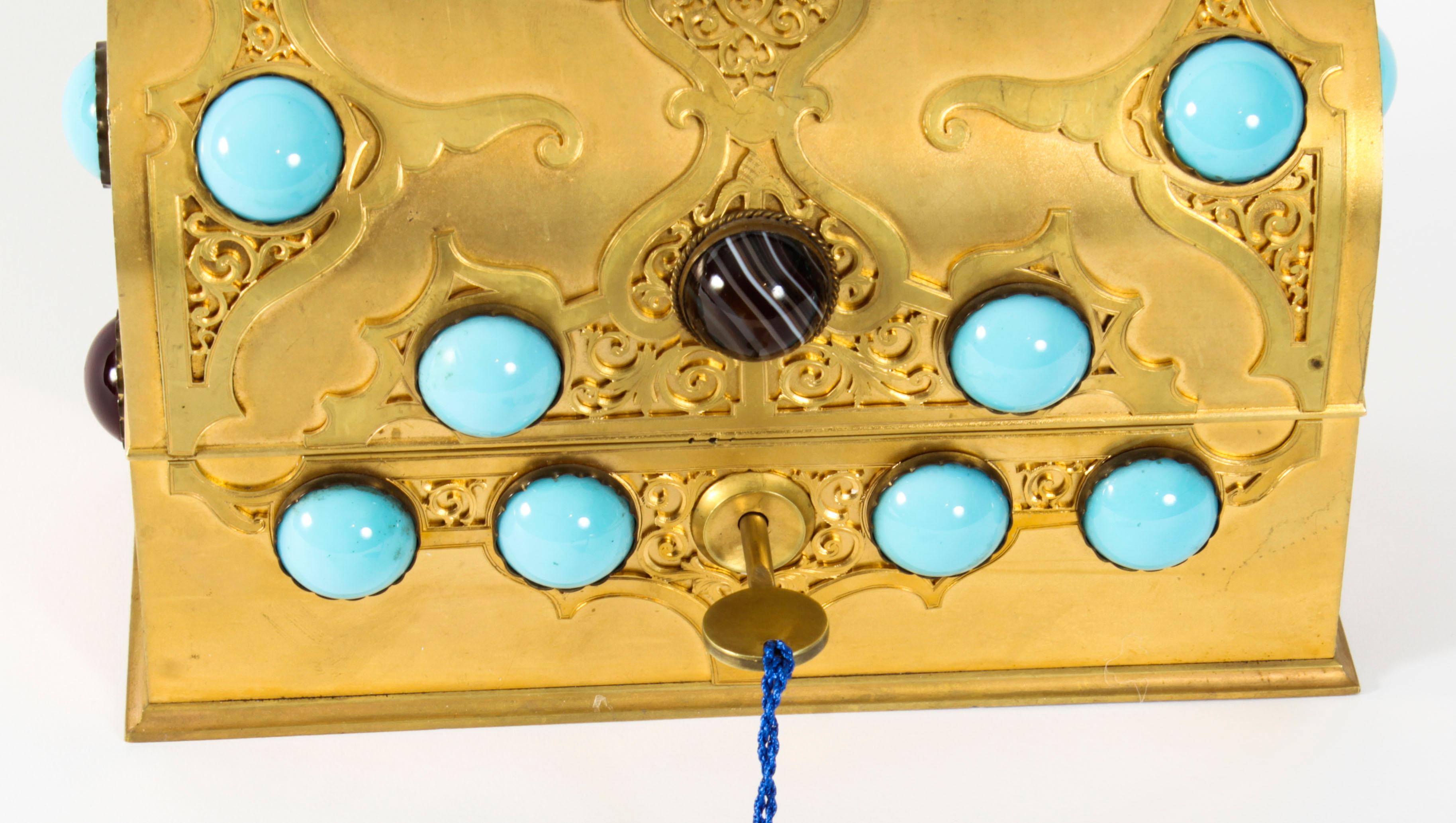 Antique French Ormolu Casket Turquoise Carnelian & Tigers-eye 19th Century In Good Condition In London, GB