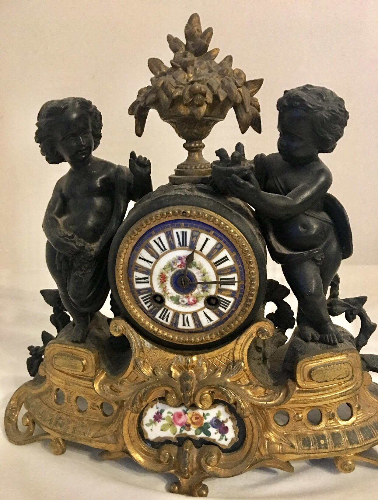 This lovely Victorian period French clock is in good working condition. A two train pendulum driven movement striking on a bell on the hour and the half hour. It needs a bit of clean and TLC and would make a good subject into your mantelpiece.