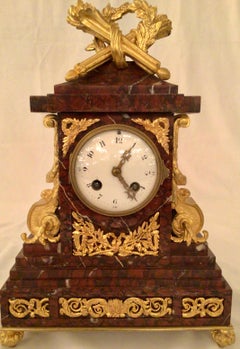 Antique French Ormolu Clock and Candlesticks Set with Rouge Marble, Circa 1880's