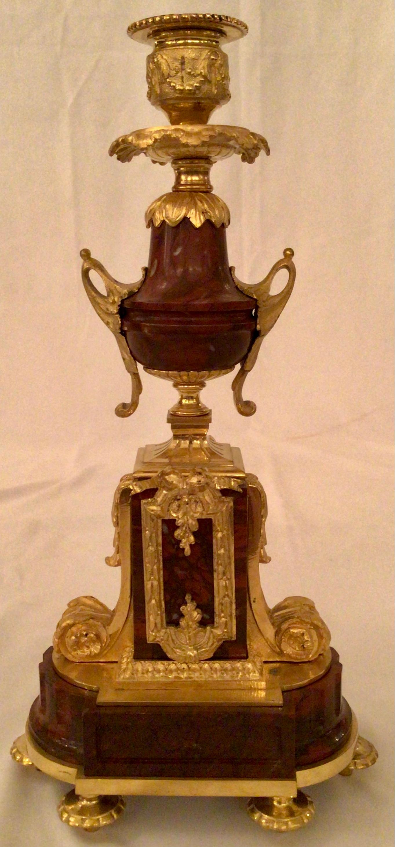 Louis XVI Antique French Ormolu Clock and Candlesticks Set with Rouge Marble, Circa 1880's For Sale