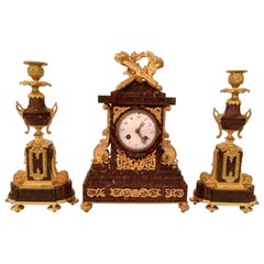 Antique French Ormolu Clock and Candlesticks Set with Rouge Marble, Circa 1880