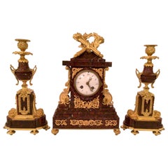 Antique French Ormolu Clock and Candlesticks Set with Rouge Marble, Circa 1880's