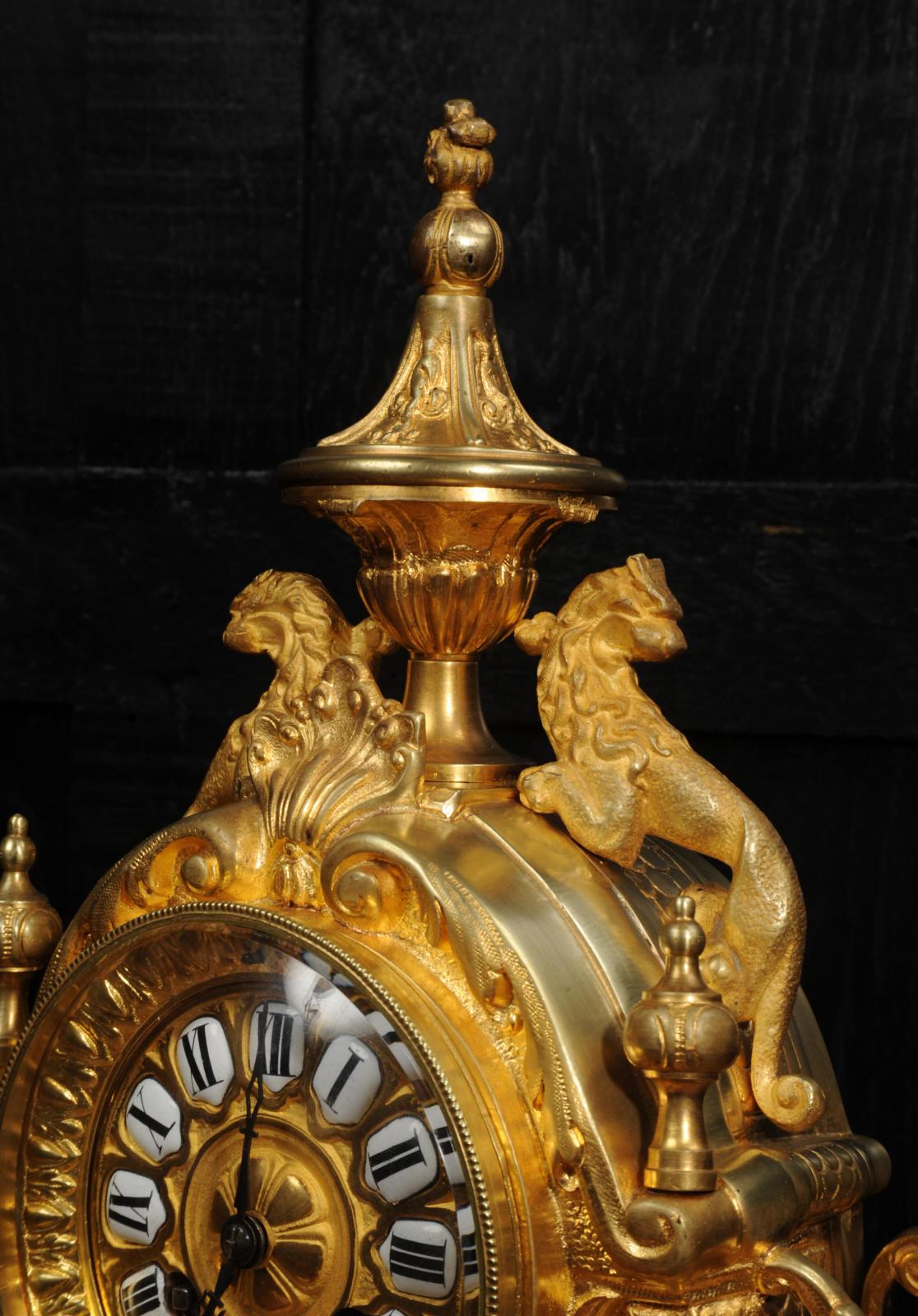 Antique French Ormolu Clock - Lions Rampant - overhauled and tested For Sale 9