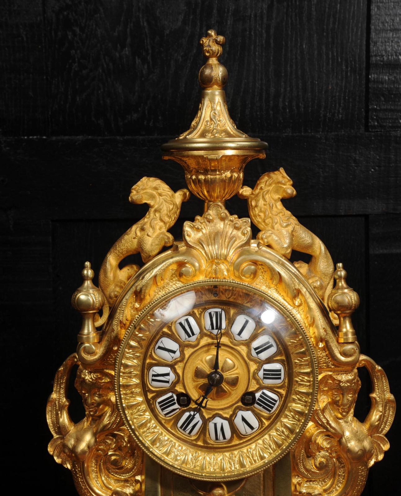 Antique French Ormolu Clock - Lions Rampant - overhauled and tested For Sale 11