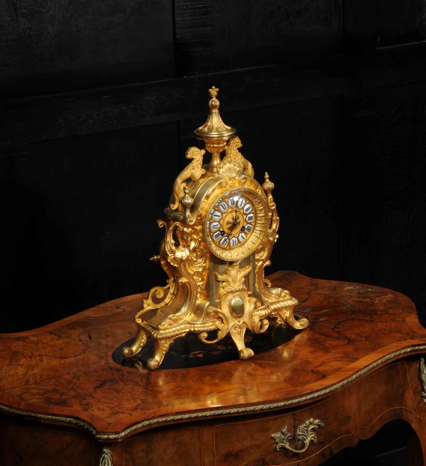Antique French Ormolu Clock - Lions Rampant - overhauled and tested In Good Condition For Sale In Belper, Derbyshire