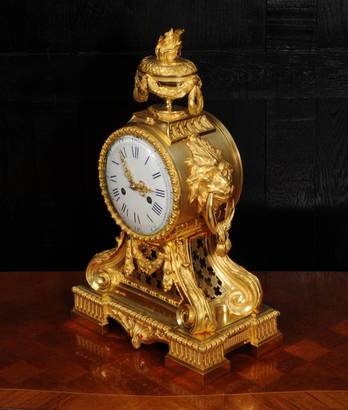 Antique French Ormolu Drum Head Clock with Lions Masks 5