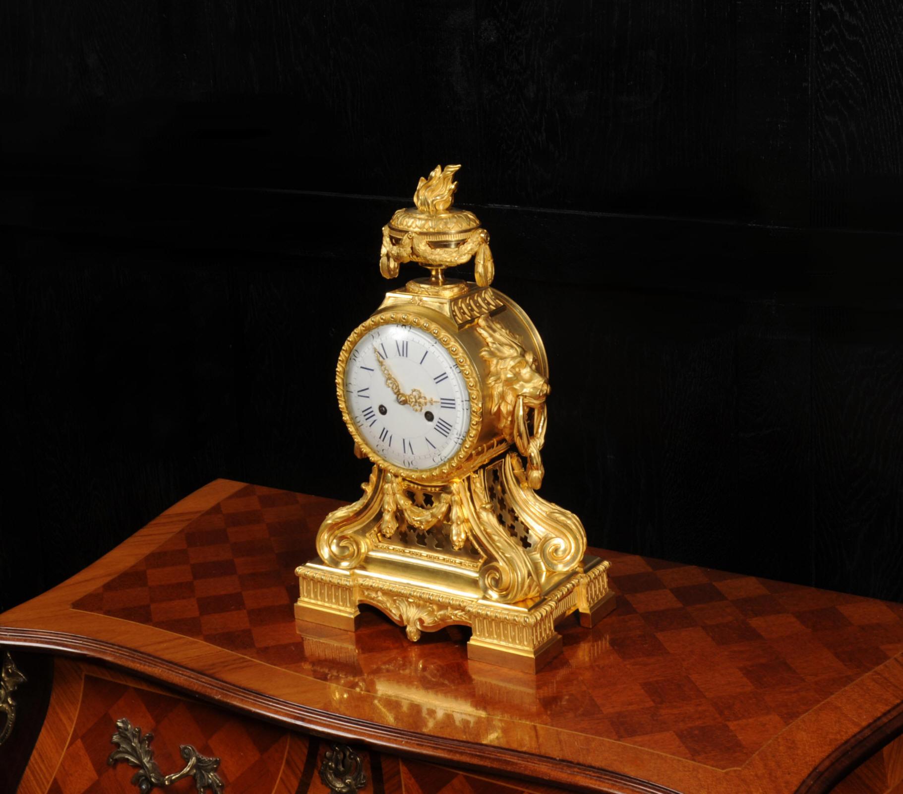 Antique French Ormolu Drum Head Clock with Lions Masks 1