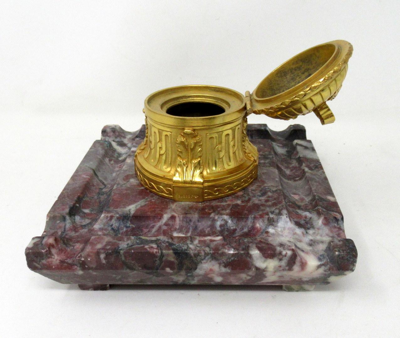 Grand Tour Antique French Ormolu Gilt Bronze Breche Violete Marble Desk Inkwell Centerpiece