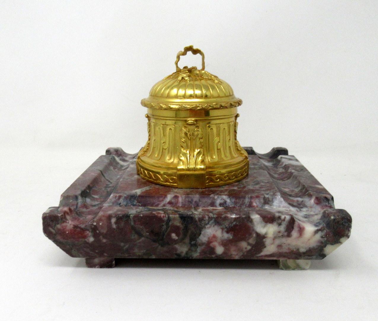 Cast Antique French Ormolu Gilt Bronze Breche Violete Marble Desk Inkwell Centerpiece