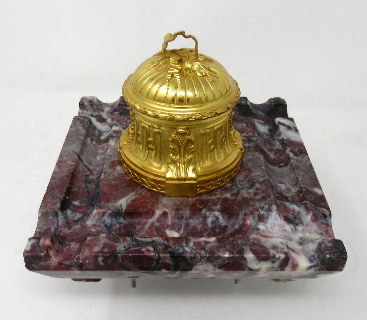 Antique French Ormolu Gilt Bronze Breche Violete Marble Desk Inkwell Centerpiece In Good Condition In Dublin, Ireland