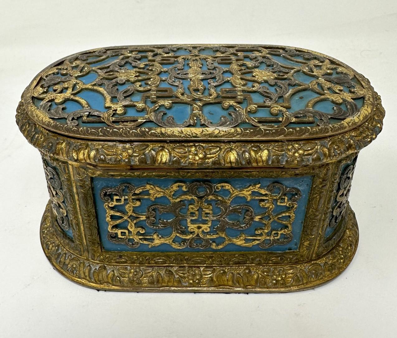Antique French Ormolu Gilt Bronze Dore Casket Jewelry Box Sevres Style 1860 19Ct In Good Condition In Dublin, Ireland