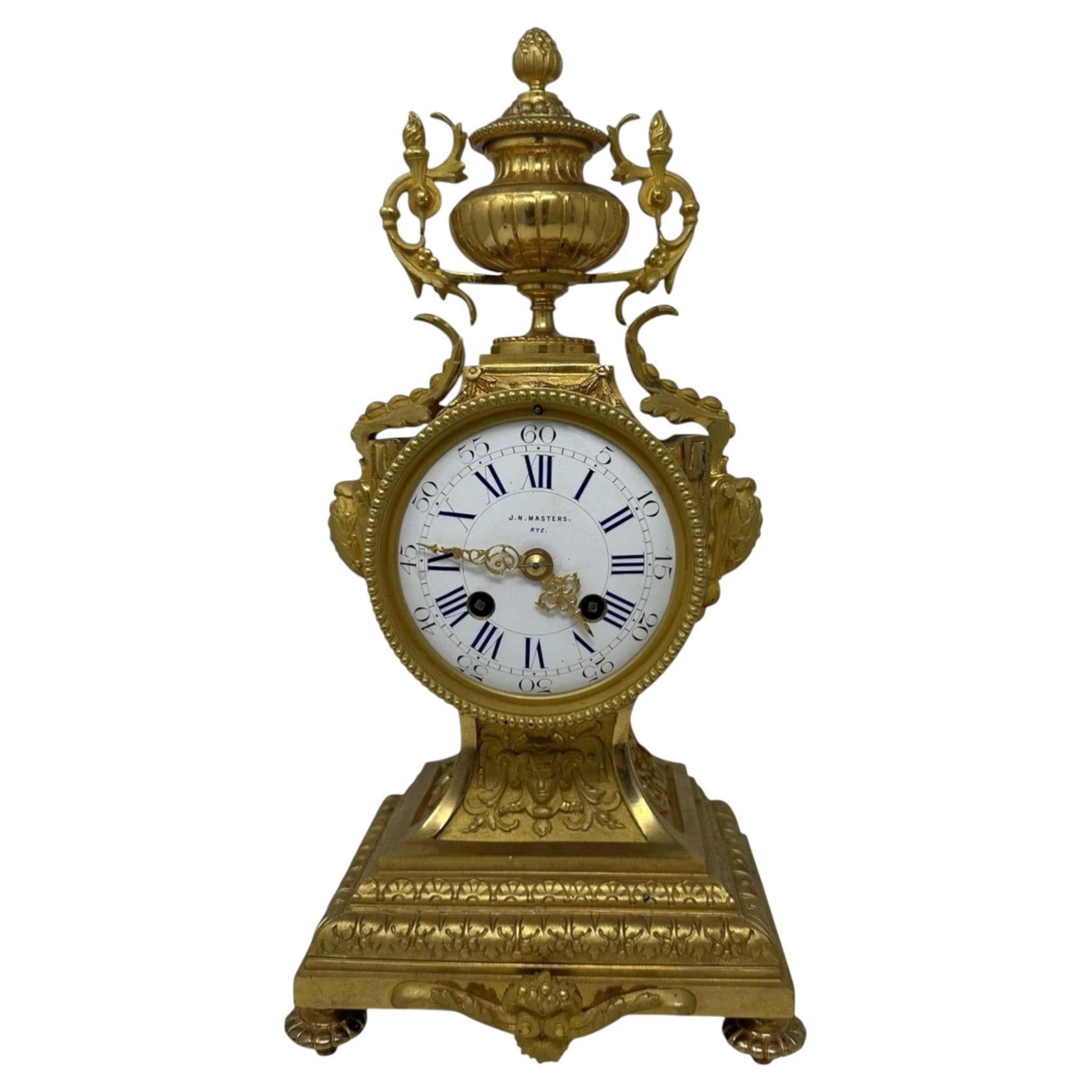 Antique French Ormolu Gilt Bronze Dore Mantle Clock Retailed by J.N. Masters