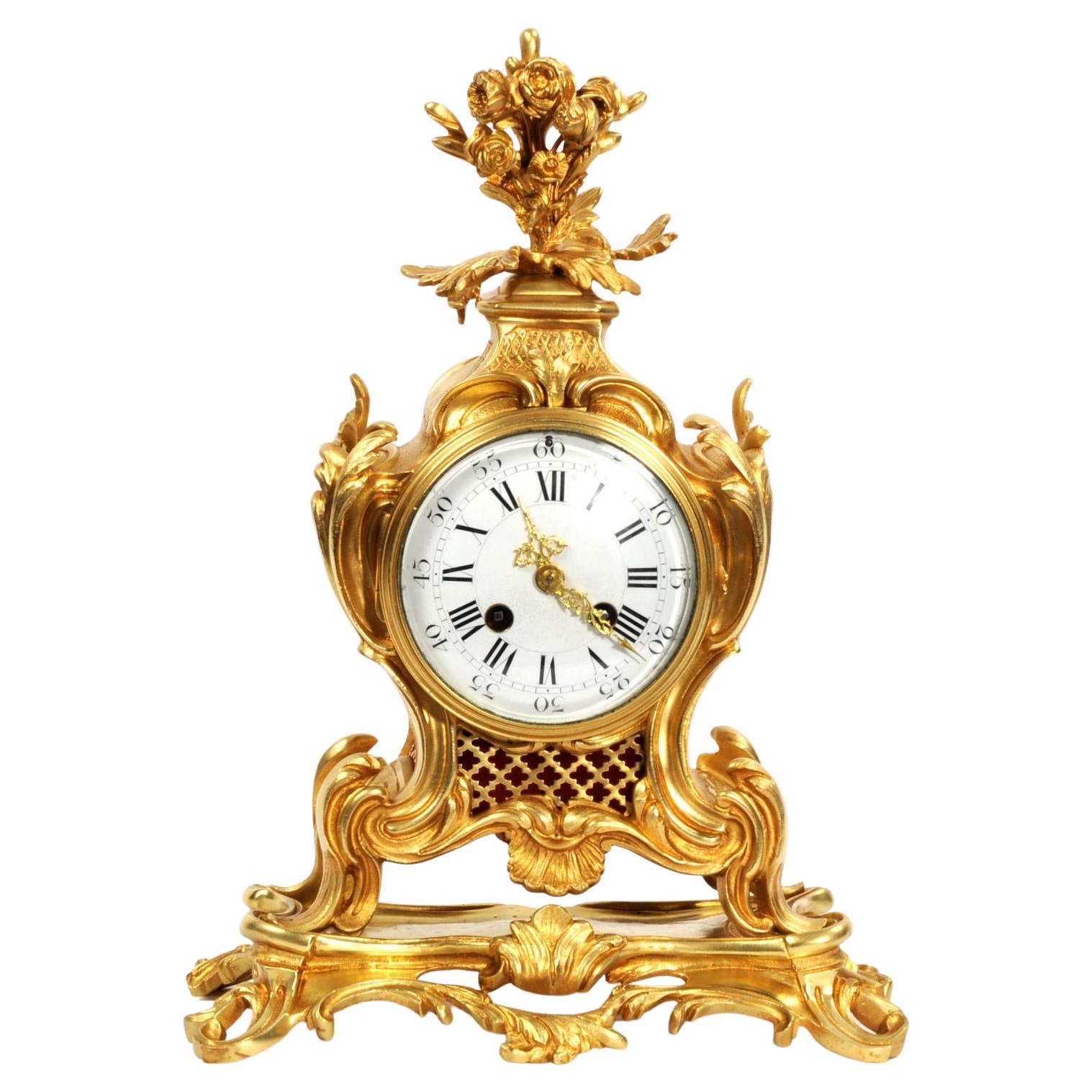 Antique French Ormolu Gilt Bronze Rococo Clock