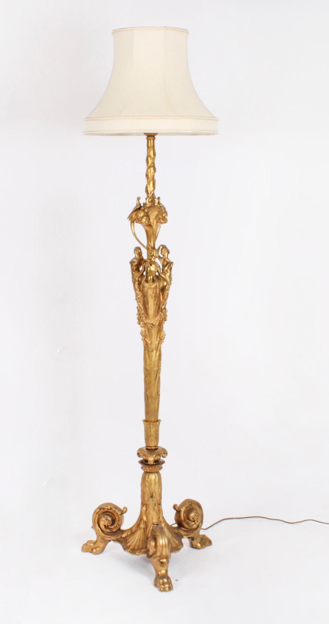 Ancienne lampe standard française en bronze doré 19ème siècle en vente 9
