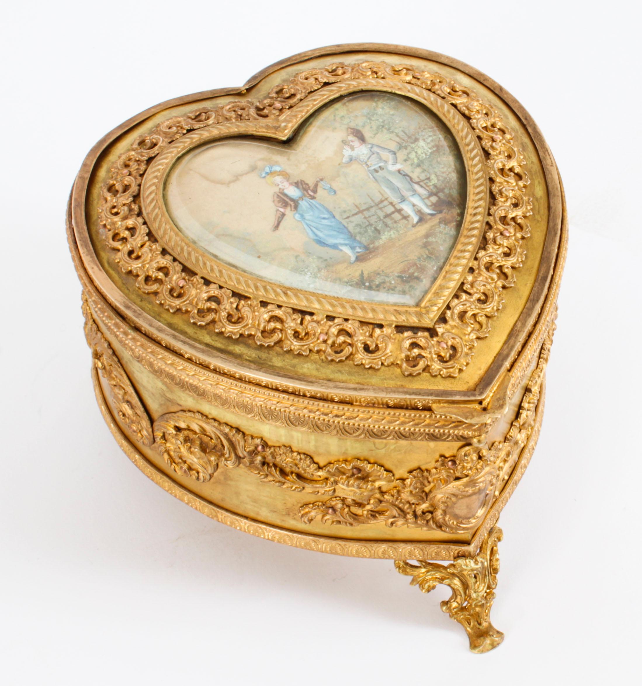 Antique French Ormolu Heart Shaped Jewellery Casket Box 19th C 1