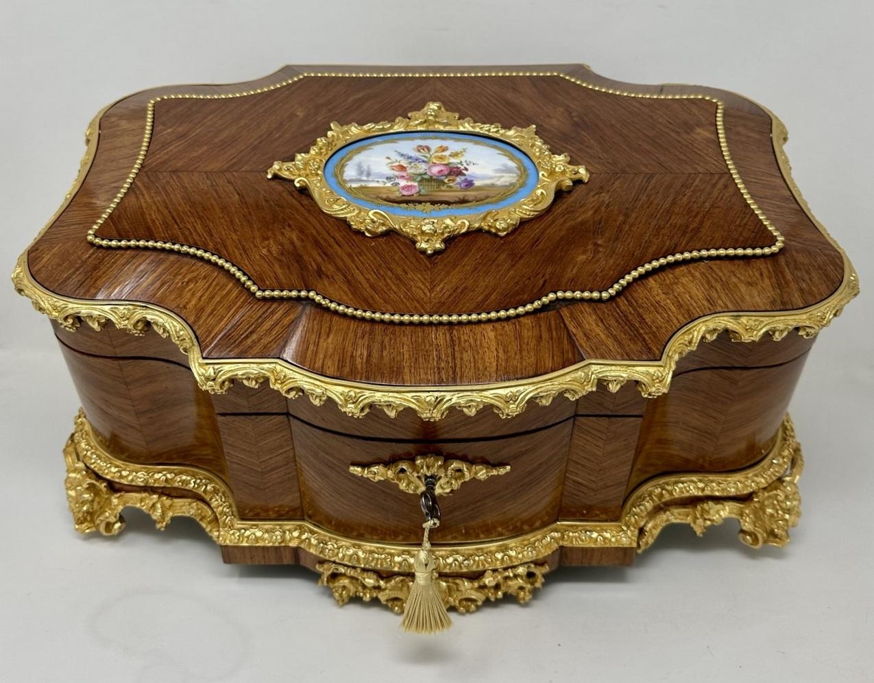 Victorian Antique French Ormolu Kingwood Sevres Casket Jewelry Box by Vervelle Audot Paris