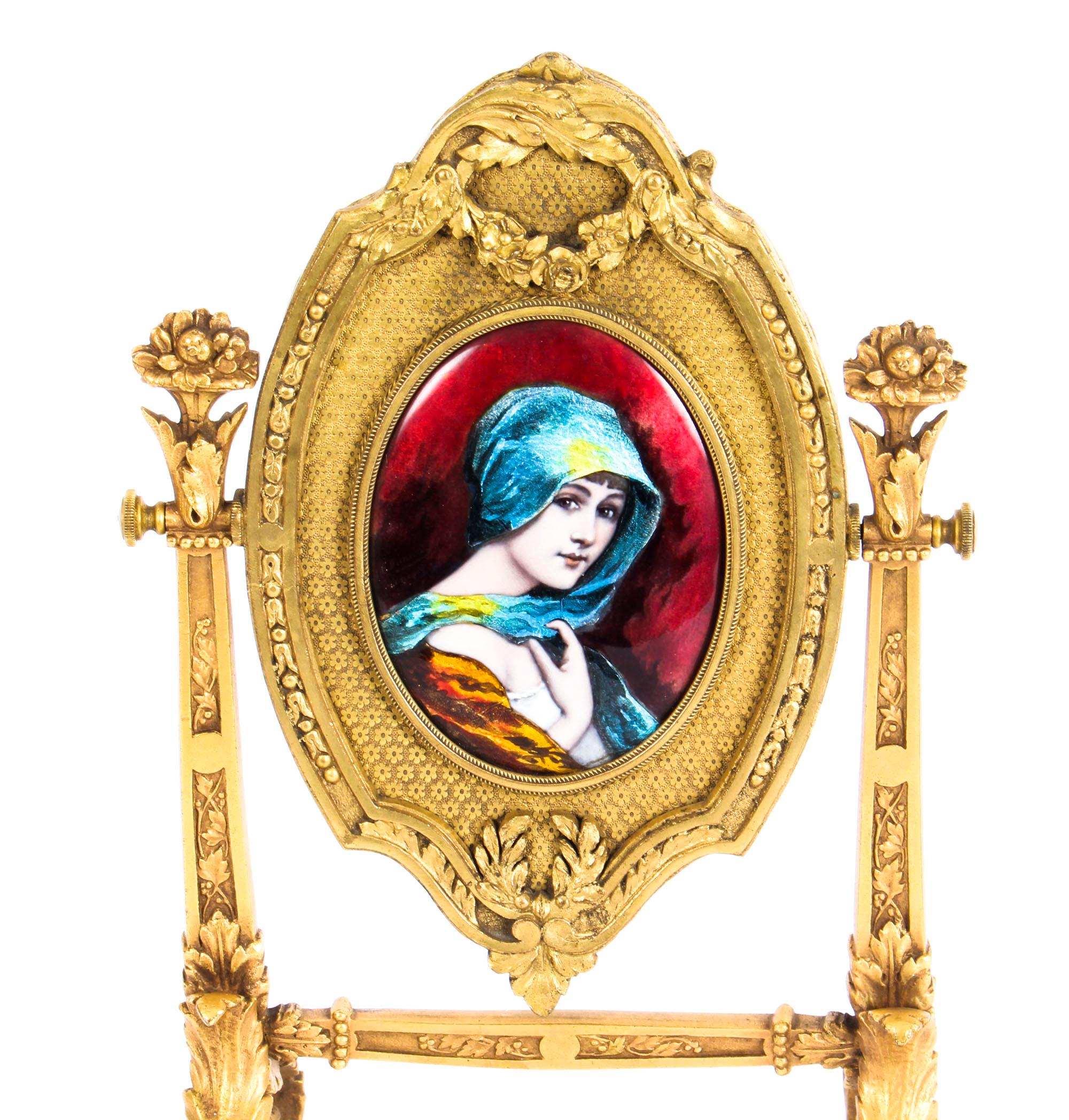 Antique French Ormolu and Limoges Enamel Table Mirror F.Bienvue, 19th Century In Good Condition For Sale In London, GB