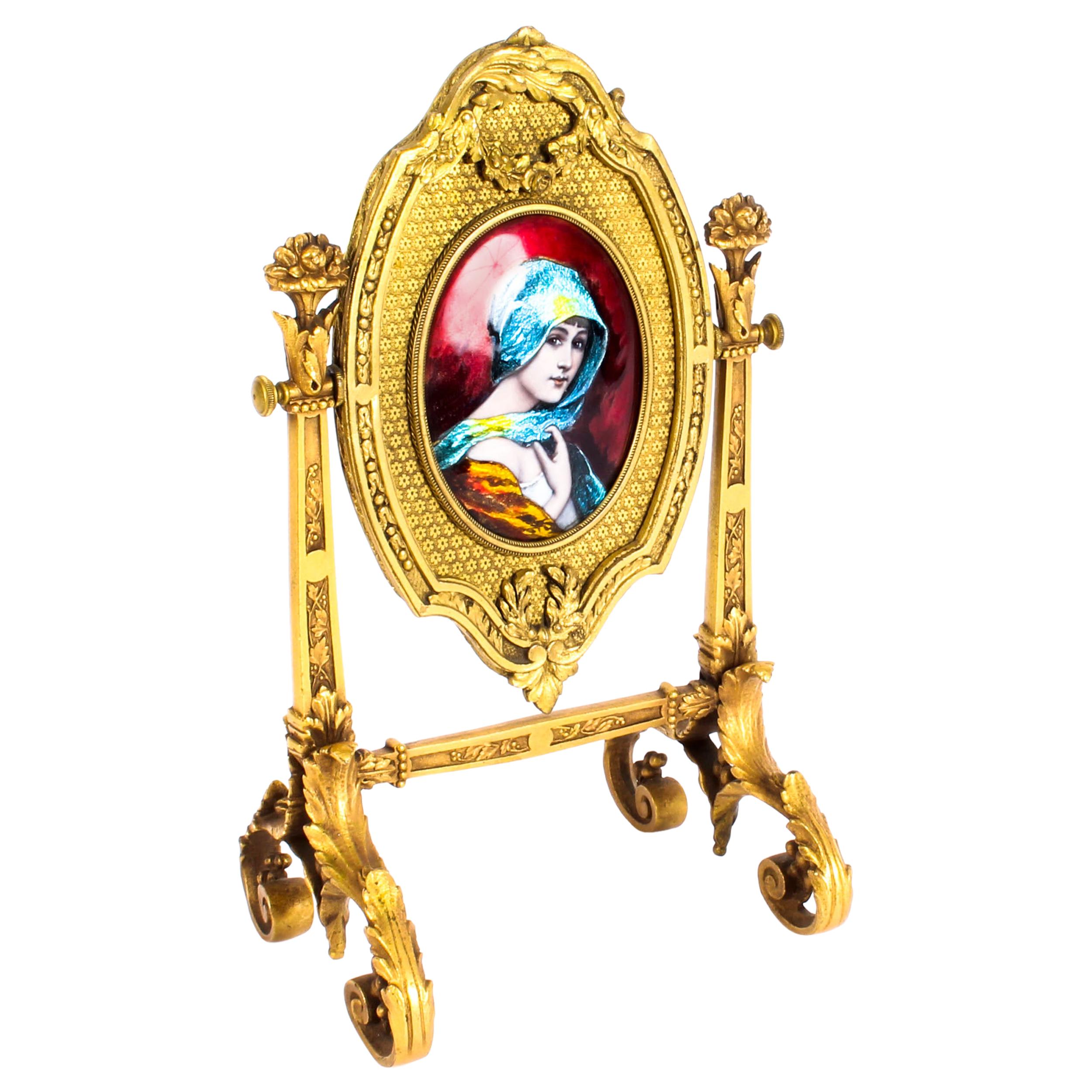 Antique French Ormolu and Limoges Enamel Table Mirror F.Bienvue, 19th Century