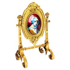 Antiker französischer Tischspiegel aus Goldbronze und Limoges-Emaille F.Bienvue, 19. Jahrhundert