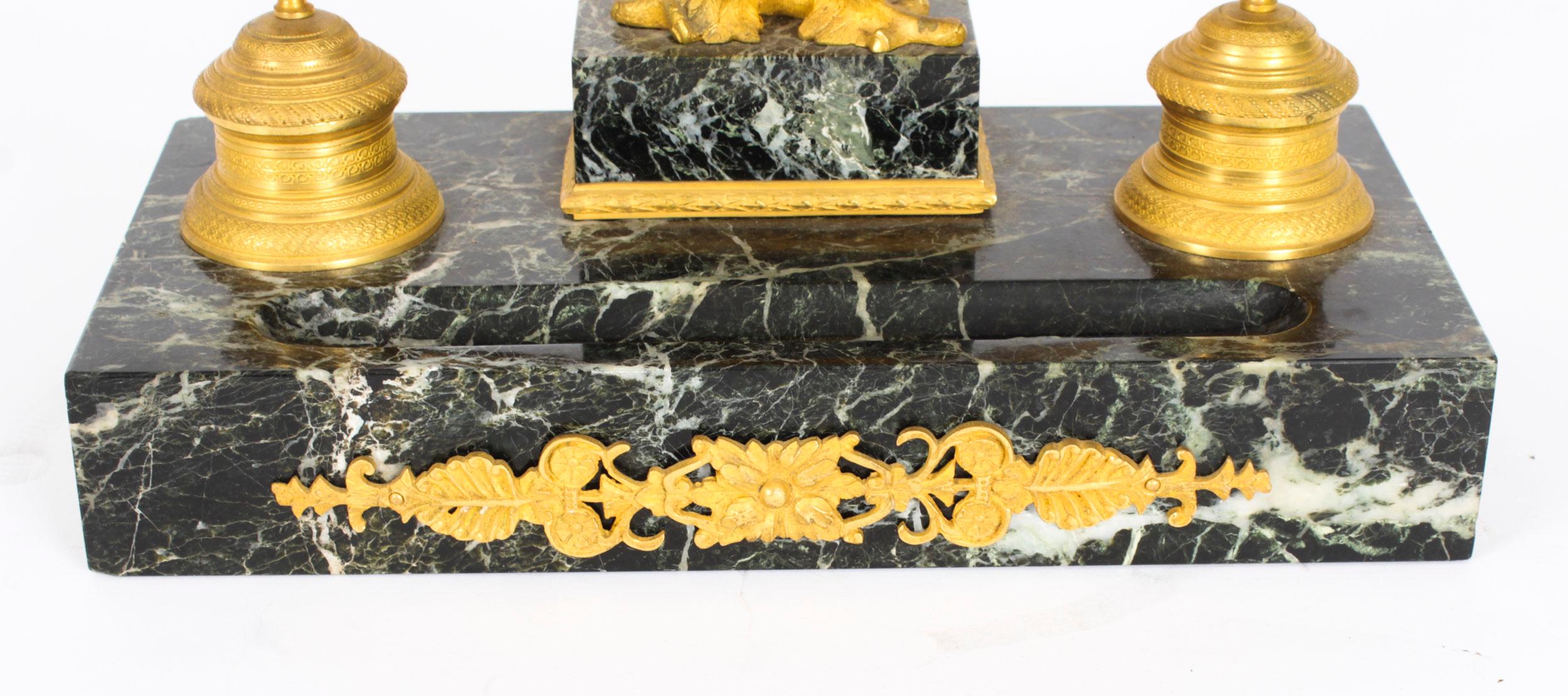 Empire Revival Antique French Ormolu & Marble Double Encrier Inkstand Standish 19th Century For Sale