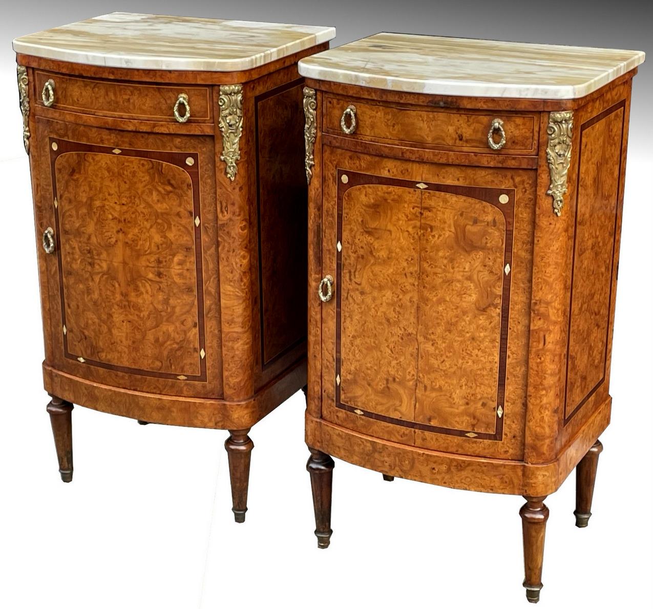Stunning Identical Pair of French bow front Santos Mahogany with well veined marble topped Bedside Lockers Nightstands of outstanding quality, last quarter of the Nineteenth Century, made by Edinburgh Cabinet Makers J & T Scott 10 George Street.