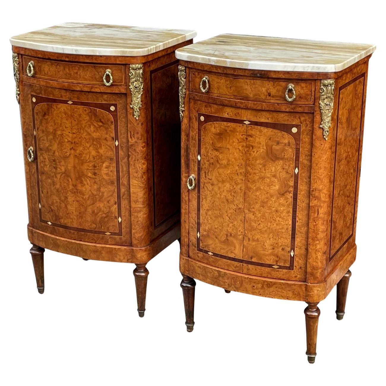 Antique French Ormolu Marble Top Santos Wood Bedside Cabinets Locker Nightstands