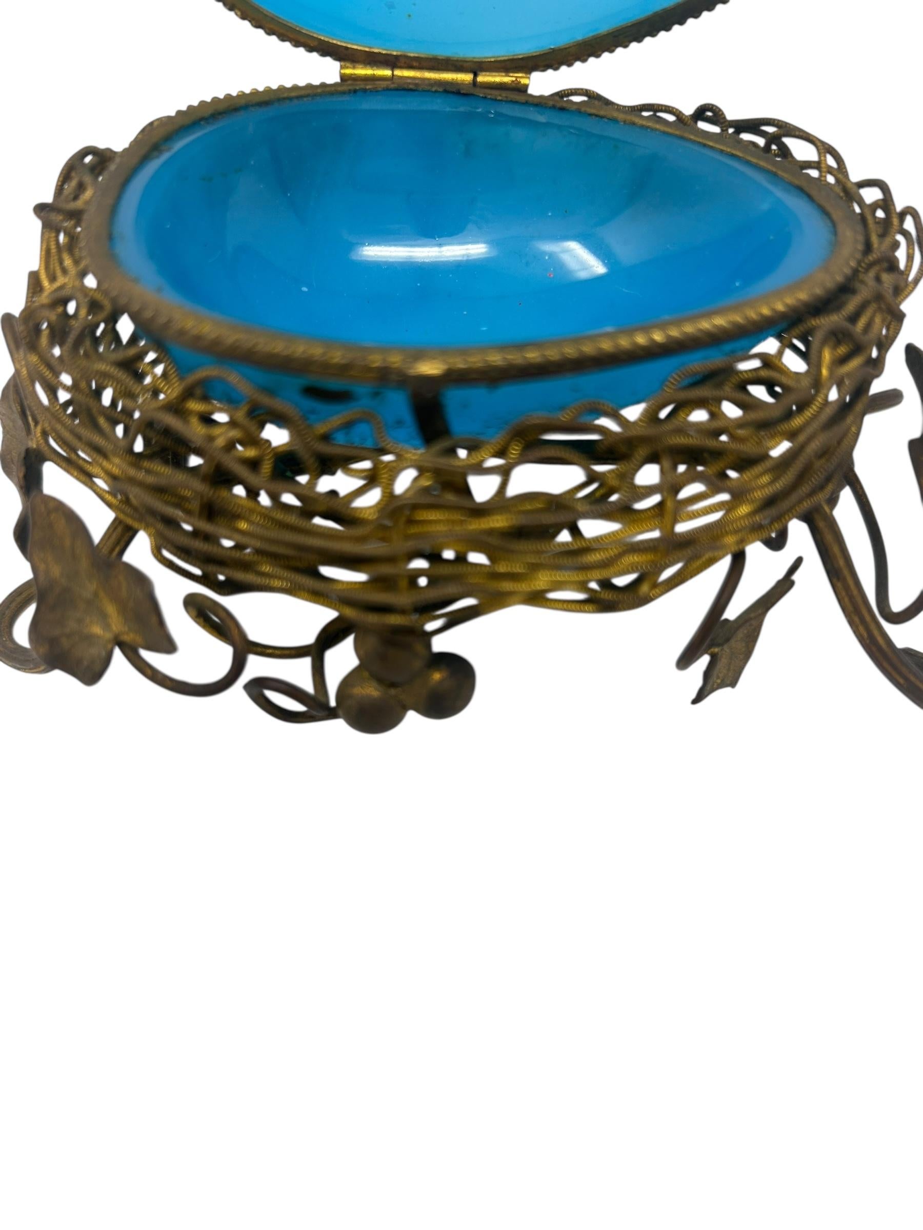 Antique French Ormolu Mounted Blue Opaline Egg Form Covered Box In Good Condition For Sale In Chapel Hill, NC