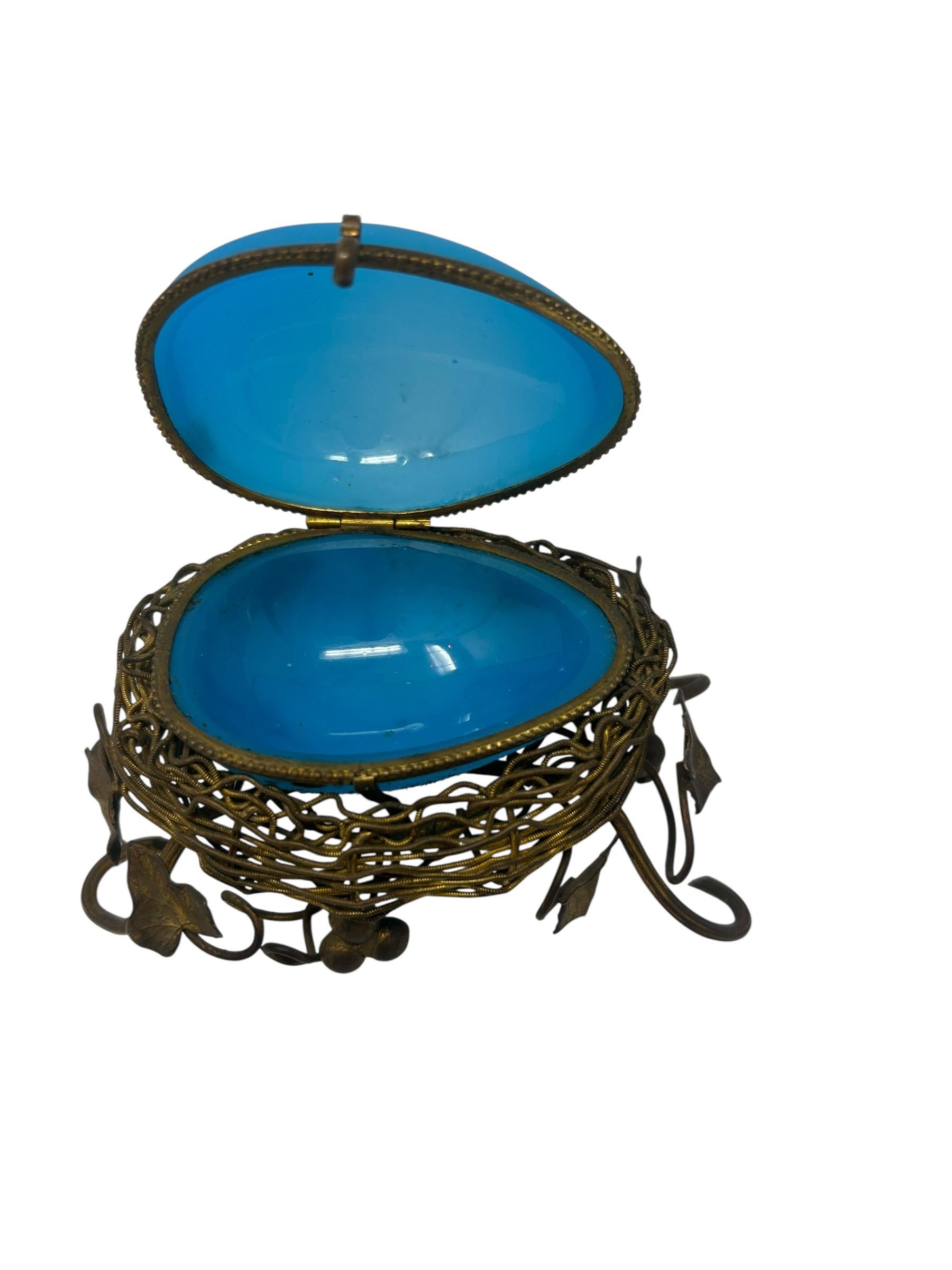 Early 20th Century Antique French Ormolu Mounted Blue Opaline Egg Form Covered Box For Sale