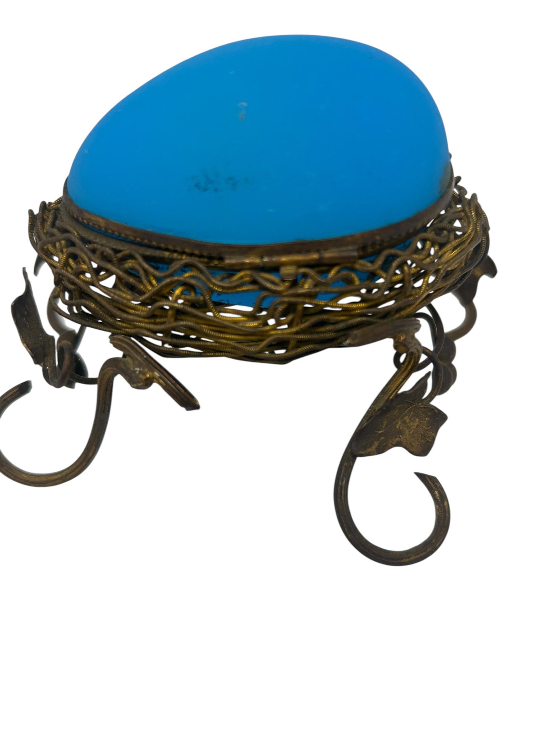 Opaline Glass Antique French Ormolu Mounted Blue Opaline Egg Form Covered Box For Sale